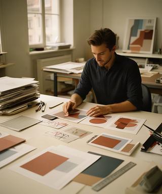 Lukas Meier an einem Arbeitstisch mit gedruckten Editorial-Entwürfen in einem Zürcher Atelier